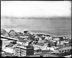 Panoramic view of the ships in the outer harbor at Long Beach, taken from the city, ca.1925