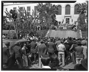 Crowd watching the dedication of Simon Bolivar Plaza on the steps of City Hall on Pan American Day