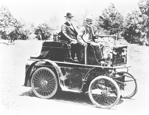 J. Phillip Erie driving Boyle Workman at Hollenbeck Park in a self-built automobile, 1897