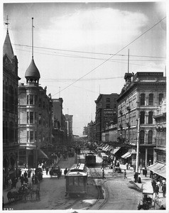 Looking south on Spring Street from First Street, Los Angeles, 1900-1910