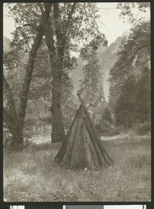 Teepee-style O'chum structure in a valley in Yosemite National Park, ca.1900