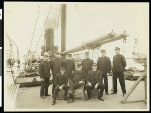 Captain Brown and his officers on the S.S. Ohio during the Los Angeles Chamber of Commerce's voyage to Hawaii, 1907