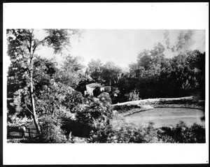 Distant exterior view of the San Gabriel Mission mill, El Molino, ca.1885-1889