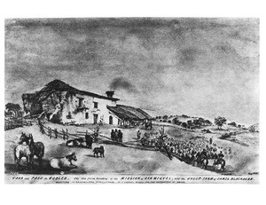 Drawing by Edward Vischer depicting the Casa del Paso de Robles at the Mission San Miguel, May, 1865