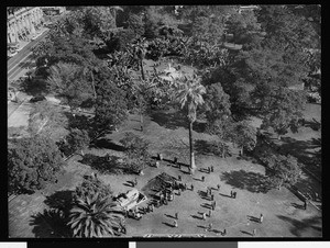 Aerial view of the groundbreaking ceremony for Pershing Square parking garage, 1951