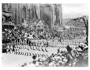 Americus Club of Pasadena at President McKinley's review of the La Fiesta Parade at City hall, Los Angeles, ca.1901