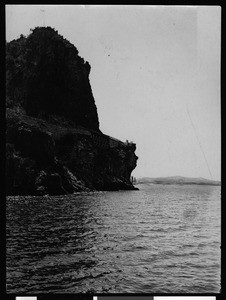 Cave Rock, the Lady of the Lake, with a trestle, ca.1910