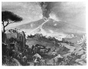 Painting depicting Vesuvius erupting, with villagers attempting to escape