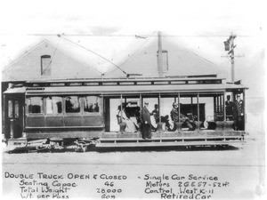 An early transport car with passengers, on the Pasadena Line, California, ca.1890