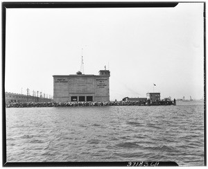 View of a Port of Los Angeles warehouse and Marine Exchange building