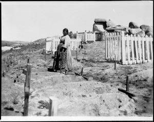 View of a cemetery in Cahuilla showing Ramona standing near the grave of Alessandro, ca.1900