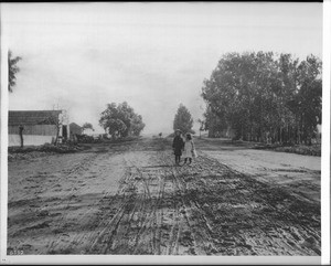 Two little girls standing on the corner of Sunset Boulevard and Gower Street looking east (north?), Hollywood, California, ca.1900