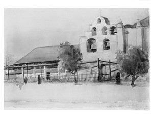 Painting depicting the exterior of the priests' house and bells at the Mission San Gabriel, 1888