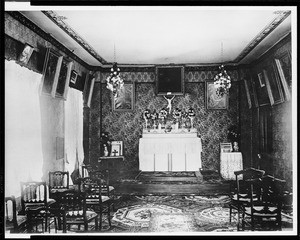 Interior view of the chapel at the Guajome Ranch in San Diego (Mission San Diego Alcala?), ca.1900