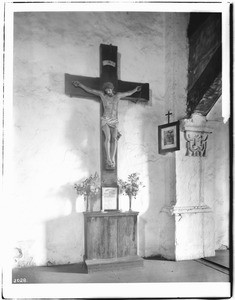 Crucifix and choir loft in the church of Mission San Gabriel, ca.1908