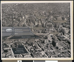 Aerial view of Los Angeles, showing the proposed site of the Chamber of Commerce Building and an auditorium