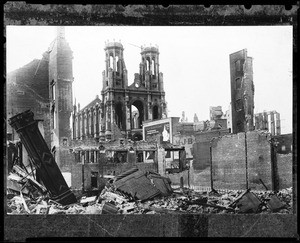 View of earthquake-damaged buildings, including the Temple Emanuel, in San Francisco, 1906