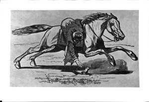 Drawing of a cowboy sport, "snatching the rooster", ca.1889