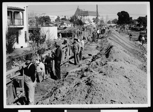 Men at work on the Westlake Relief Drain east of Westchester Avenue, 1937
