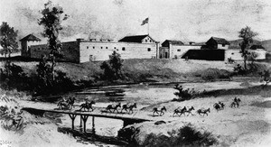 Lithograph depicting Fort Sutter, Sacramento, California, ca.1848