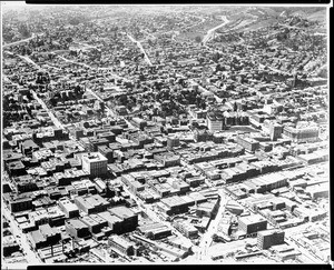 Aerial view of Los Angeles taken from a balloon, from Temple Street looking south to Second Street, ca.1910