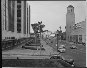 View of Wilshire Boulevard, looking west from Mariposa Street, showing the Blue Cross building, ca.1953