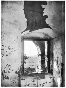 Window looking out on an exterior corridor of Mission San Antonio de Padua, California, ca.1906