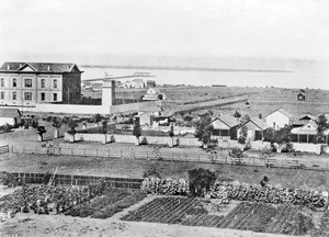 Exterior view of the old San Diego courthouse, taken from the water tower behind the Horton house looking west, ca.1873