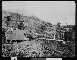 Three miners, "rockers", at placer mine, French Hill, Alaska, ca.1860-1900