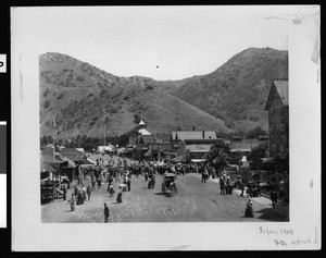 View of a wide dirt street in Avalon, ca.1900