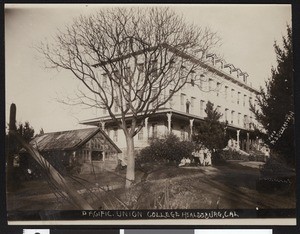 People posed in front of a Pacific Union College building in Healdsburg, ca.1900