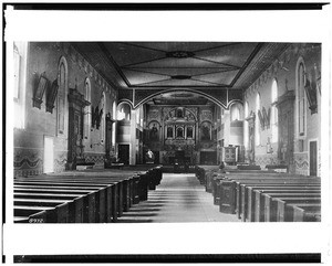 Interior of Mission Santa Clara's chapel, ca.1900