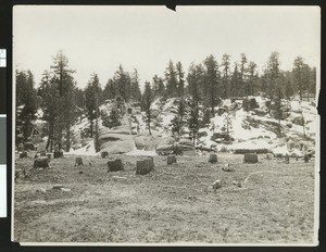 Snow-covered rocky area near Big Bear Lake, California, ca.1930