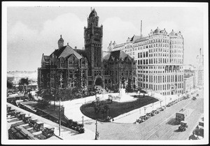 Exterior view of the Los Angeles County Courthouse and the Hall of Records at the corner of Broadway and Temple Street, ca.1926