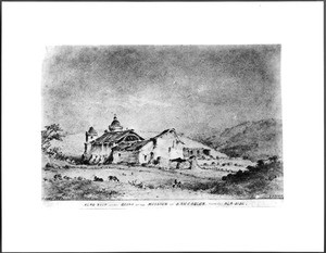 Drawing by Edward Vischer depicting a rear view of the Mission San Carlos as seen from the seaside, October 1867