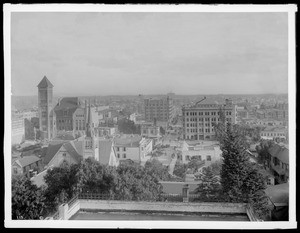 Panoramic view of the Broadway and 3rd Street area looking east from Crocker Mansion on Bunker Hill, ca.1894