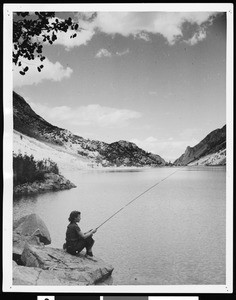 Genevieve Morhardt fishing at Lake Sabrina, ca.1930