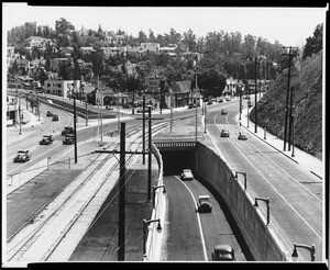 Looking southeast at Whitley Heights across the intersection of Cahuenga Boulevard and Highland Avenue, ca.1940