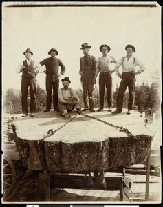 Lumberjacks with a large tree stump, Oregon