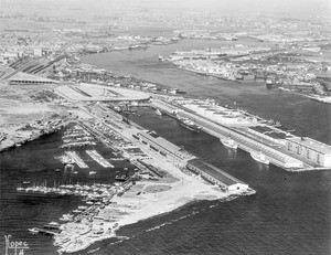 Aerial view of the Port of Los Angeles looking up the channel, 1937