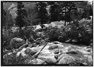 Bishop Creek with cabins in the background at Parcher's Camp, Bishop Creek Canyon, August 1928