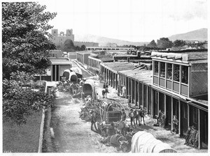 Painting (or drawing?) of ox carts being unloaded at the plaza in Santa Fe, New Mexico, ca.1910