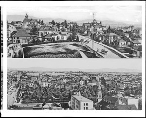 Two panoramic drawings from Ward Brothers in Ohio, depicting views from the state Normal School, Los Angeles, 1889