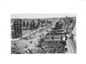 Lithograph of Pearl Street (later Figueroa Street) looking south from Bellevue Terrace, Los Angeles, ca.1888