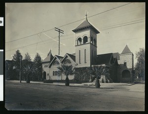 Exterior view of the Baptist Church in Redlands, ca. 1900