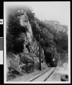 Mount Lowe Railway car and circular bridge, ca. 1900