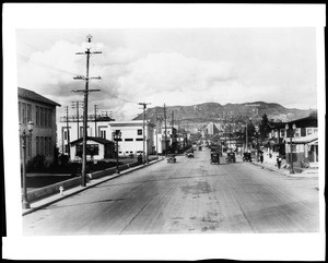 View of Vine Street looking north from Barton Avenue towards the Hollywood sign, ca.1925