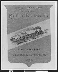 Cover of the printed invitation that the San Diego Chamber of Commerce issued for its "through to San Diego" railroad celebration held November 18, 1885