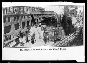 Shipment of bean cake being unloaded at the Dalian (Dairen) Wharf in China