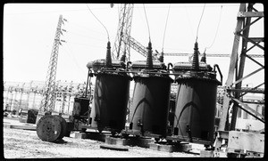 Three transformers at the power relay station at Boulder Dam